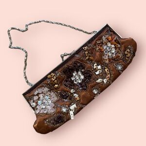 Embellished Satin Brown Clutch Bag